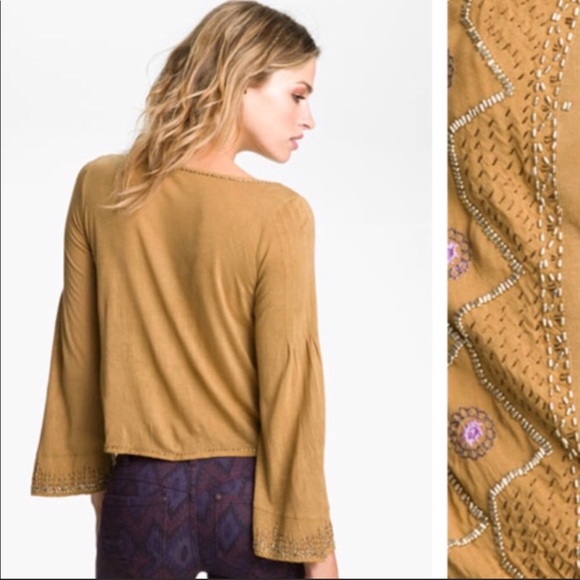 Free People size XS gold beaded long sleeve top - Picture 2 of 8
